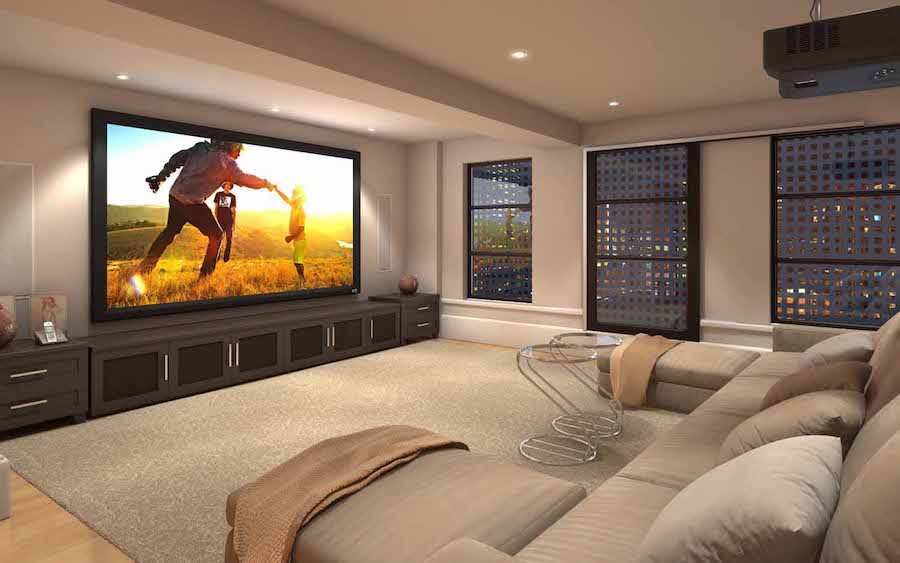 A luxury media room with performance audio video equipment. 