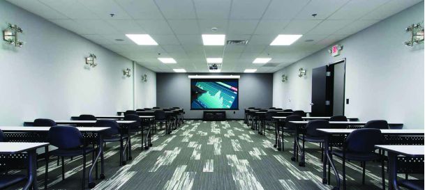 Training room with tables in rows