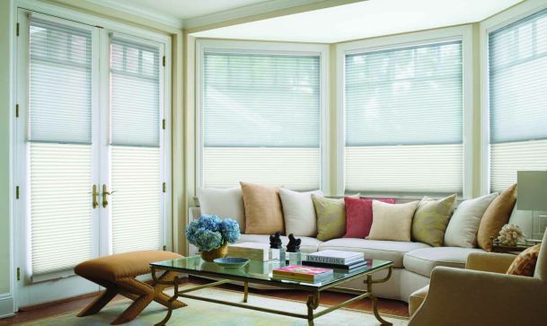 living room with blinds
