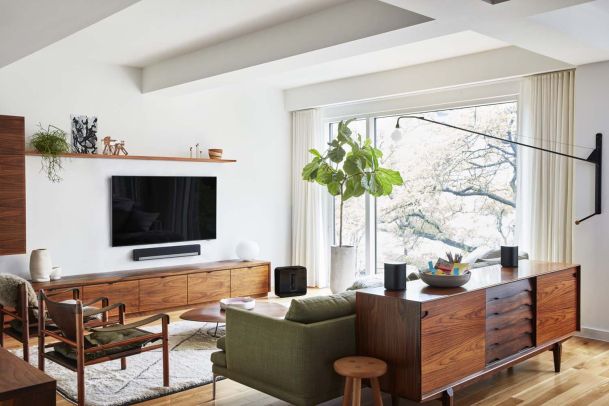sonos speaker in living room with wooden furniture