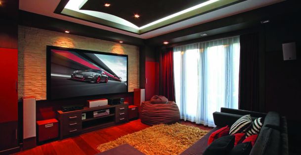 home theater with red curtains screen innovations
