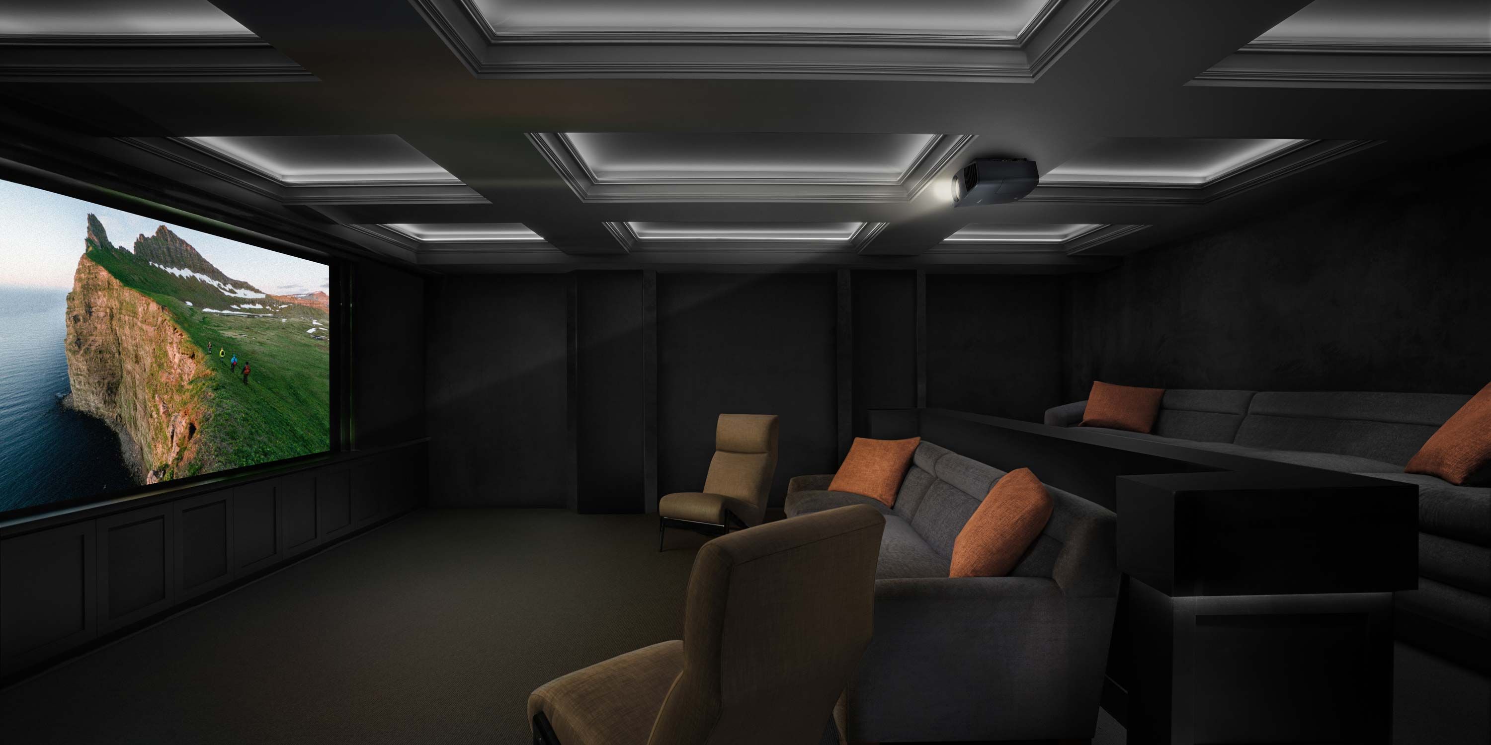 dark walls, led lighting on ceiling, projector screen with nature scene on it