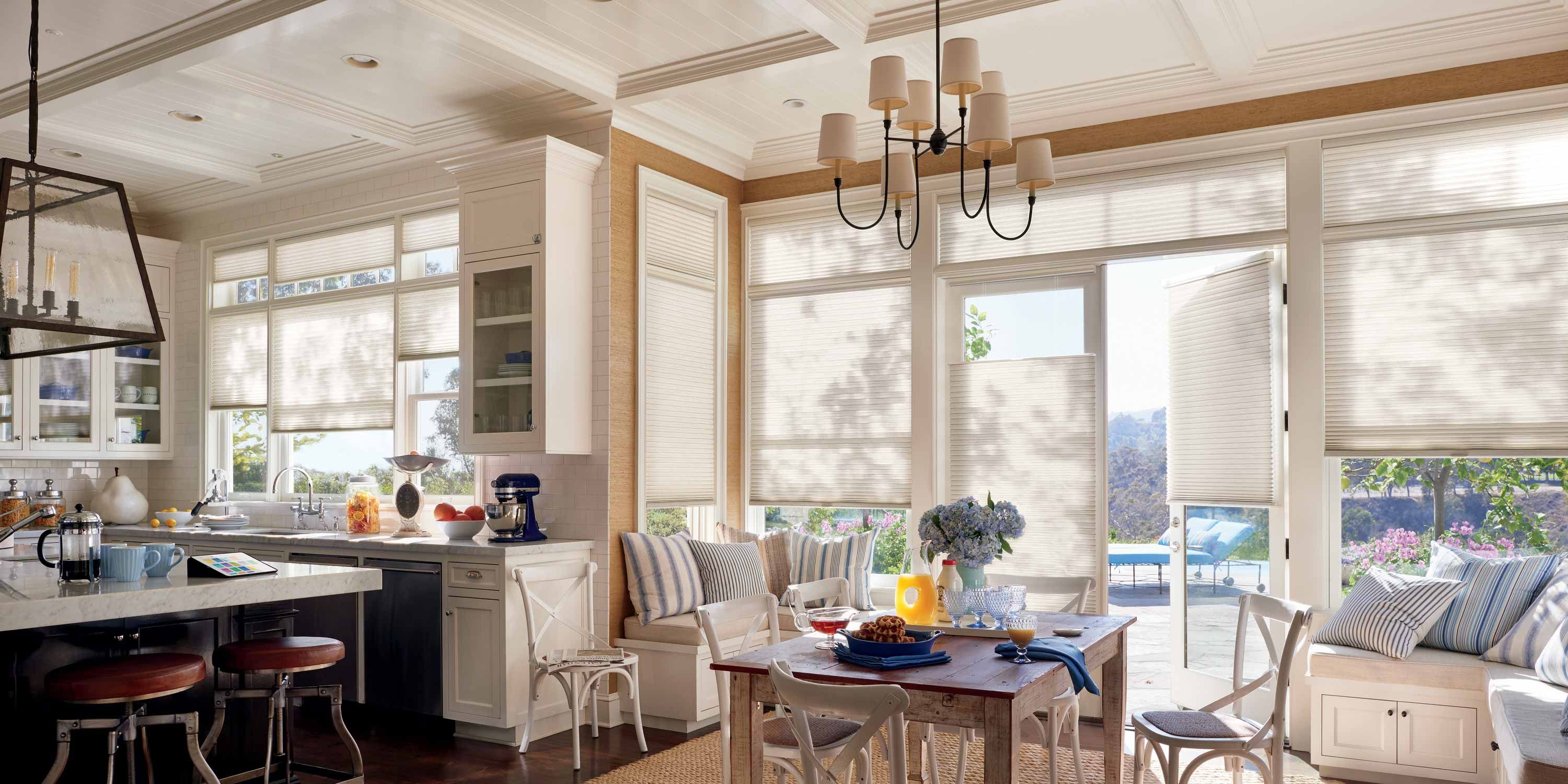 Kitchen with window treatments, shading blinds, hunter douglas