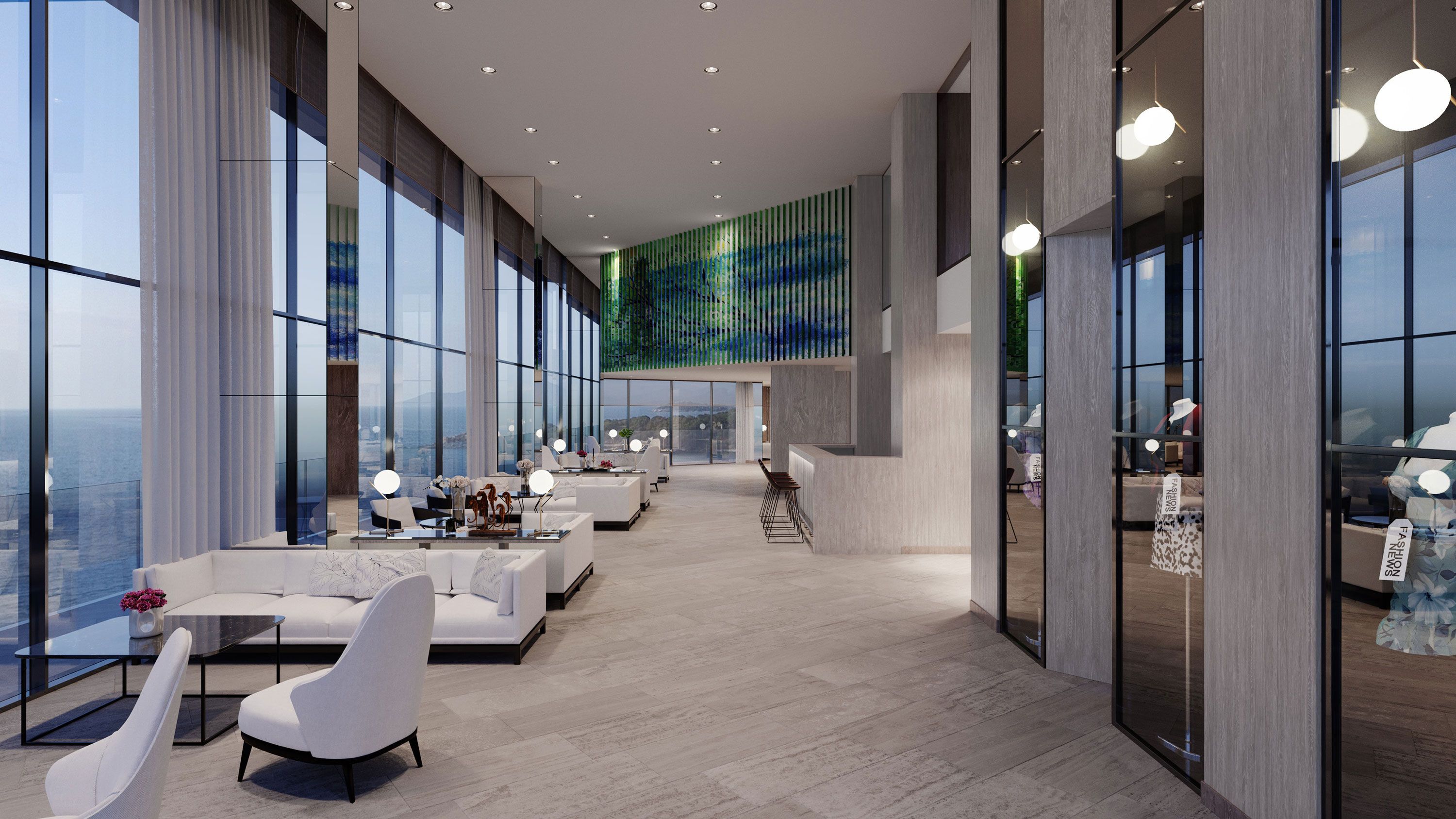 Hotel lobby, large windows, clean