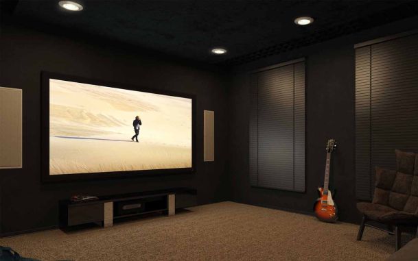 home theater, dark room with big screen